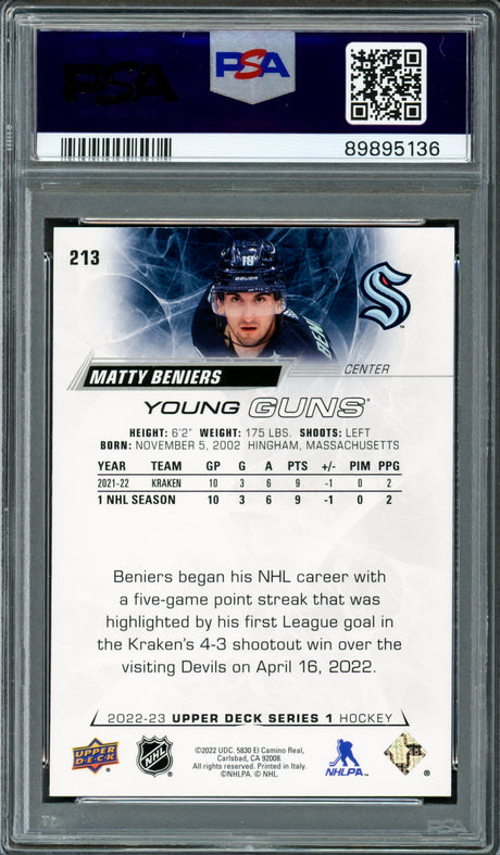 Matty Beniers Autographed 2022 Upper Deck Young Guns Rookie Card #213 Seattle Kraken PSA 9 Auto Grade Gem Mint 10 PSA/DNA #89895136