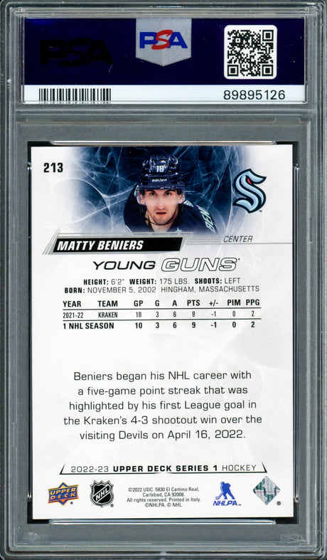 Matty Beniers Autographed 2022 Upper Deck Young Guns Rookie Card #213 Seattle Kraken PSA 9 Auto Grade Gem Mint 10 PSA/DNA #89895126