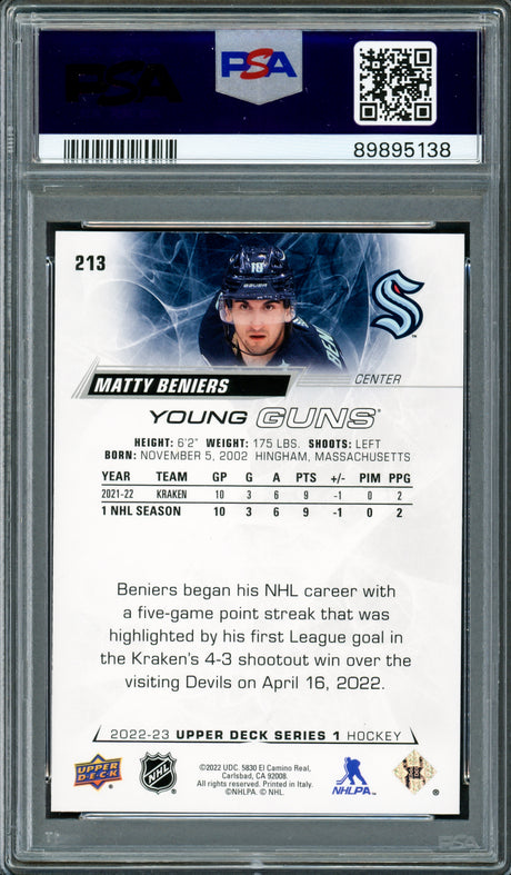 Matty Beniers Autographed 2022 Upper Deck Young Guns Rookie Card #213 Seattle Kraken PSA 9 Auto Grade Gem Mint 10 PSA/DNA #89895138