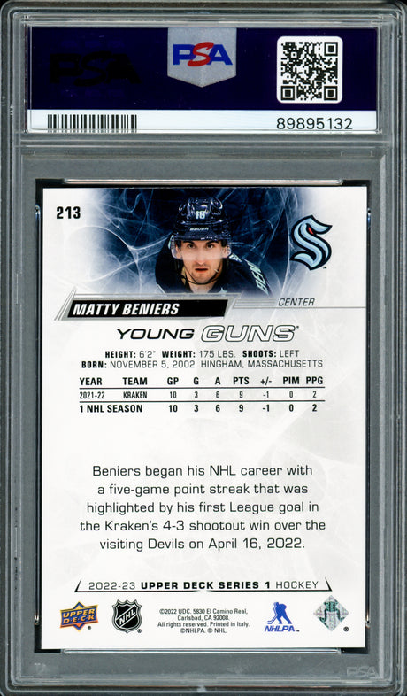 Matty Beniers Autographed 2022 Upper Deck Young Guns Rookie Card #213 Seattle Kraken PSA 8 Auto Grade Gem Mint 10 PSA/DNA Stock #233436