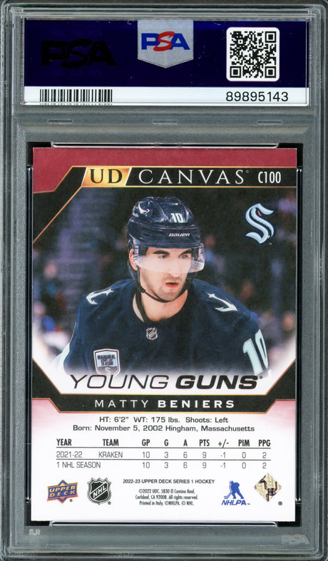 Matty Beniers Autographed 2022 Upper Deck Young Guns Canvas Rookie Card #C100 Seattle Kraken PSA 10 Auto Grade Gem Mint 10 PSA/DNA #89895143