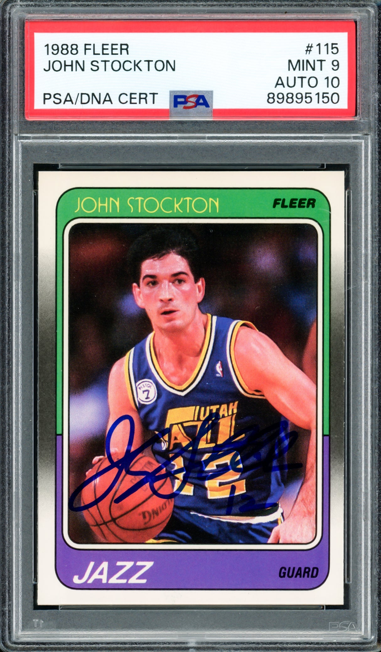 John Stockton Autographed 1988-89 Fleer Rookie Card #115 Utah Jazz PSA 9 Auto Grade Gem Mint 10 PSA/DNA #89895150