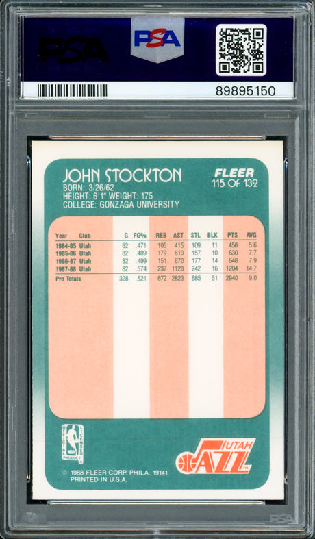 John Stockton Autographed 1988-89 Fleer Rookie Card #115 Utah Jazz PSA 9 Auto Grade Gem Mint 10 PSA/DNA #89895150