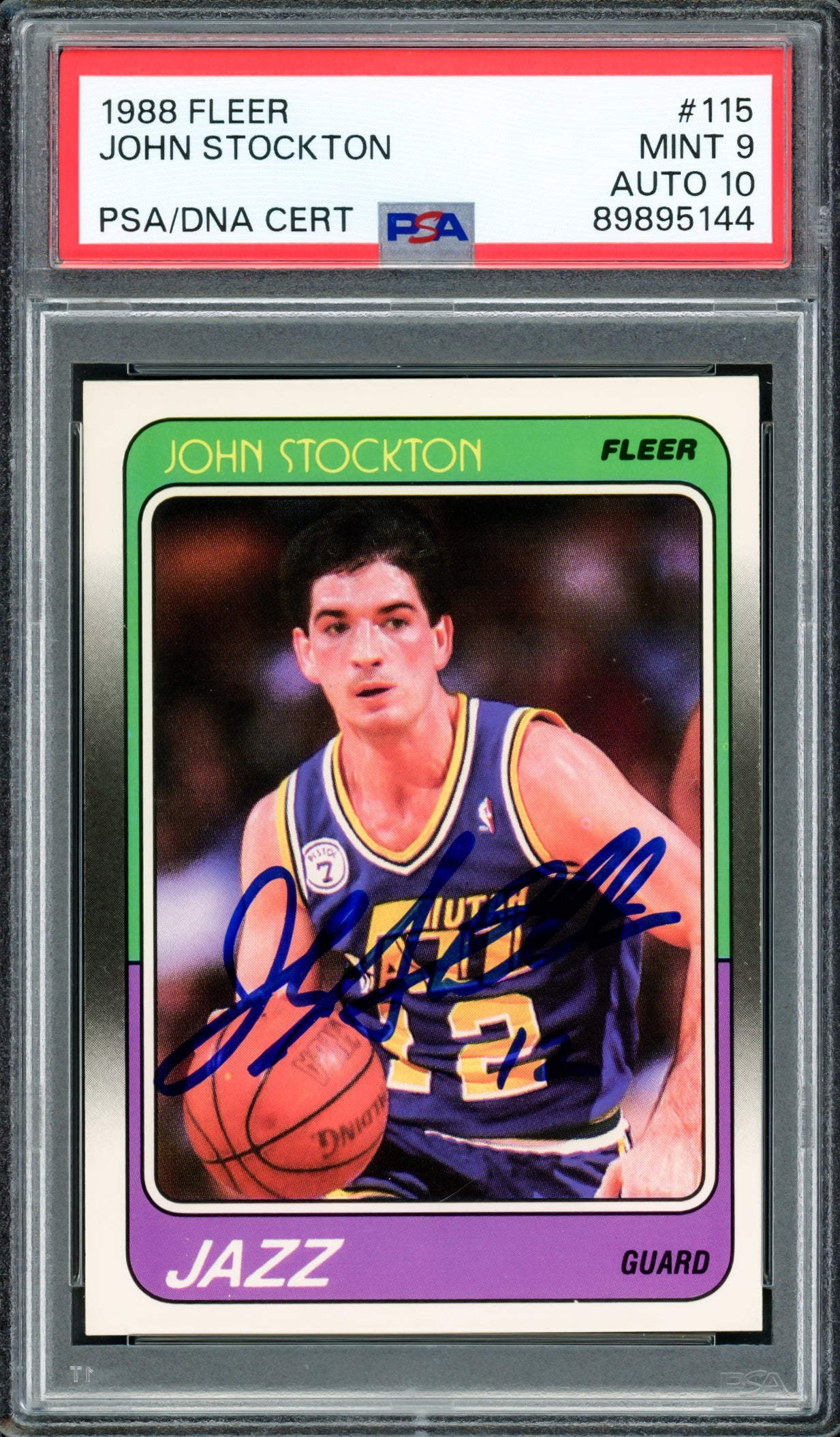 John Stockton Autographed 1988-89 Fleer Rookie Card #115 Utah Jazz PSA 9 Auto Grade Gem Mint 10 PSA/DNA #89895144