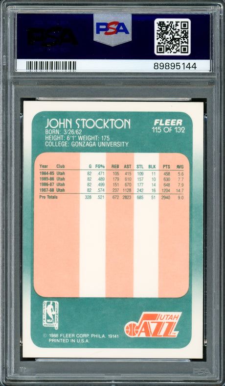 John Stockton Autographed 1988-89 Fleer Rookie Card #115 Utah Jazz PSA 9 Auto Grade Gem Mint 10 PSA/DNA #89895144