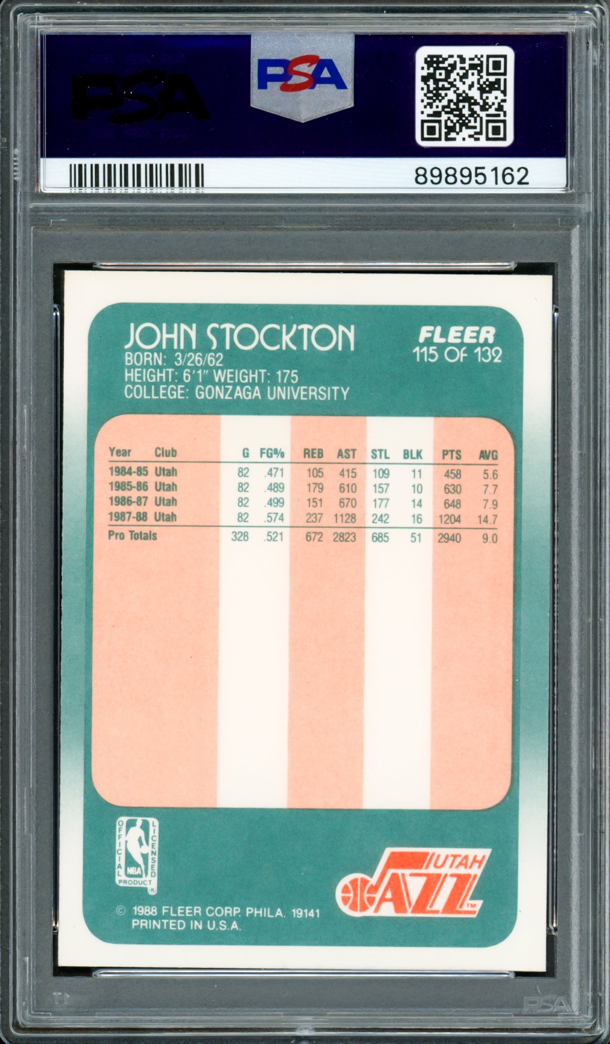 John Stockton Autographed 1988-89 Fleer Rookie Card #115 Utah Jazz PSA 9 Auto Grade Mint 9 PSA/DNA #89895162