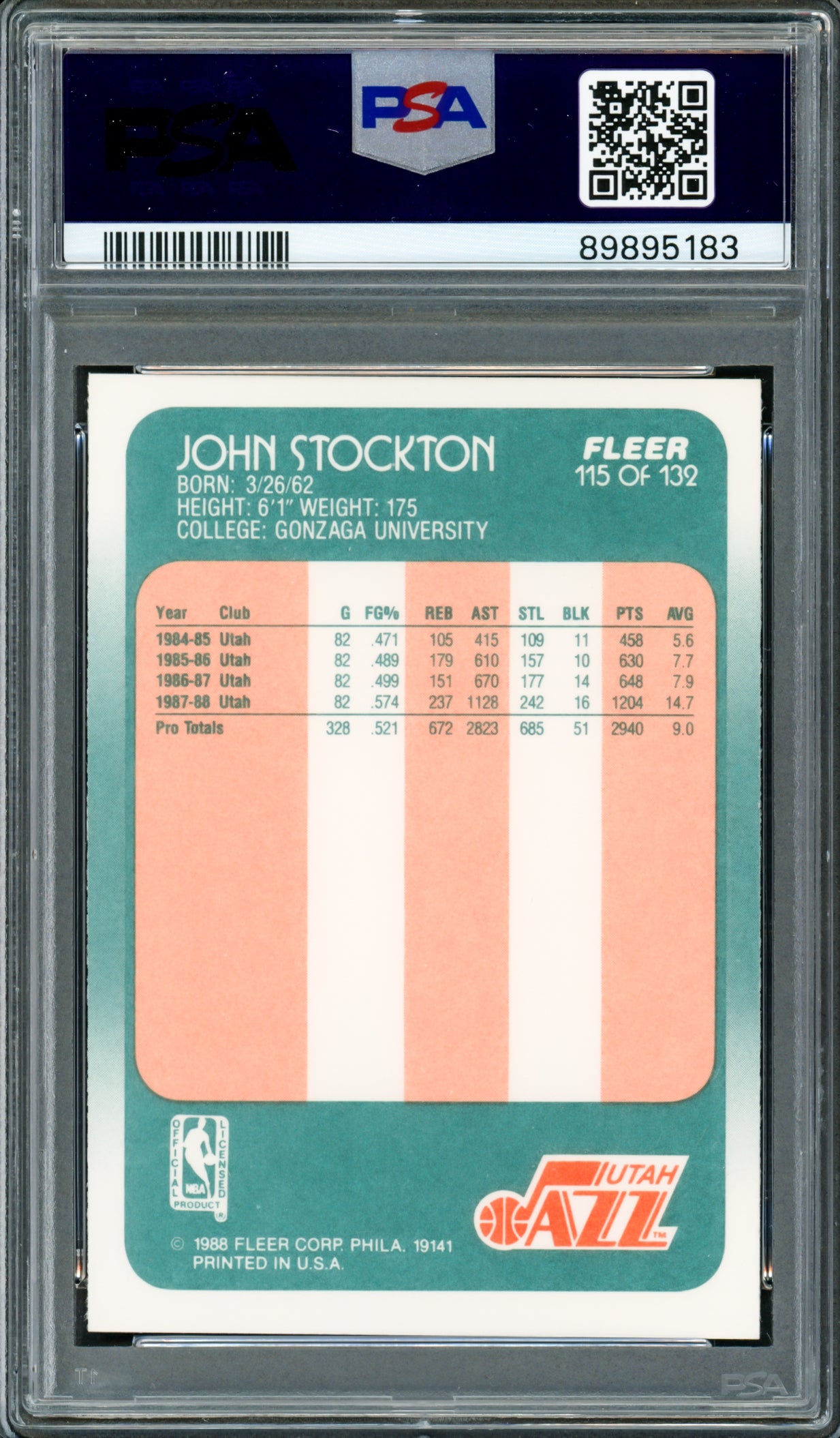 John Stockton Autographed 1988-89 Fleer Rookie Card #115 Utah Jazz PSA 8 Auto Grade Gem Mint 10 PSA/DNA #89895183