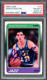 John Stockton Autographed 1988-89 Fleer Rookie Card #115 Utah Jazz PSA 8 Auto Grade Gem Mint 10 PSA/DNA #89895158