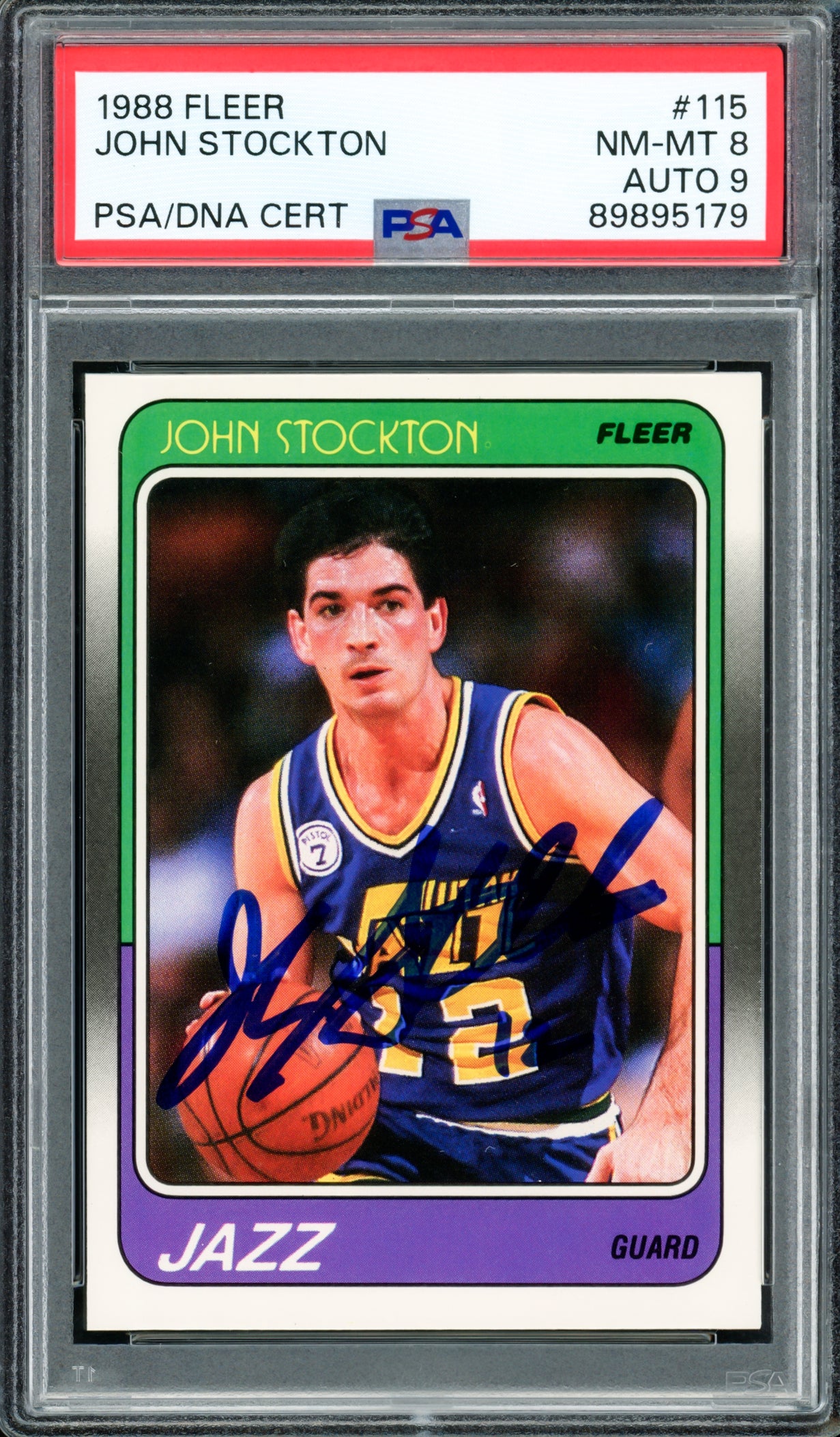 John Stockton Autographed 1988-89 Fleer Rookie Card #115 Utah Jazz PSA 8 Auto Grade Mint 9 PSA/DNA #89895179