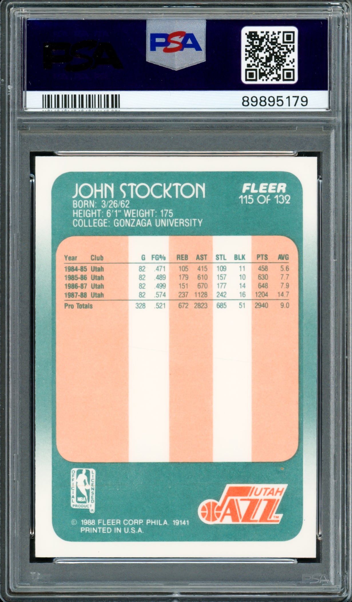 John Stockton Autographed 1988-89 Fleer Rookie Card #115 Utah Jazz PSA 8 Auto Grade Mint 9 PSA/DNA #89895179