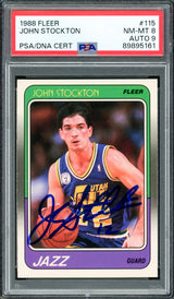 John Stockton Autographed 1988-89 Fleer Rookie Card #115 Utah Jazz PSA 8 Auto Grade Mint 9 PSA/DNA #89895161