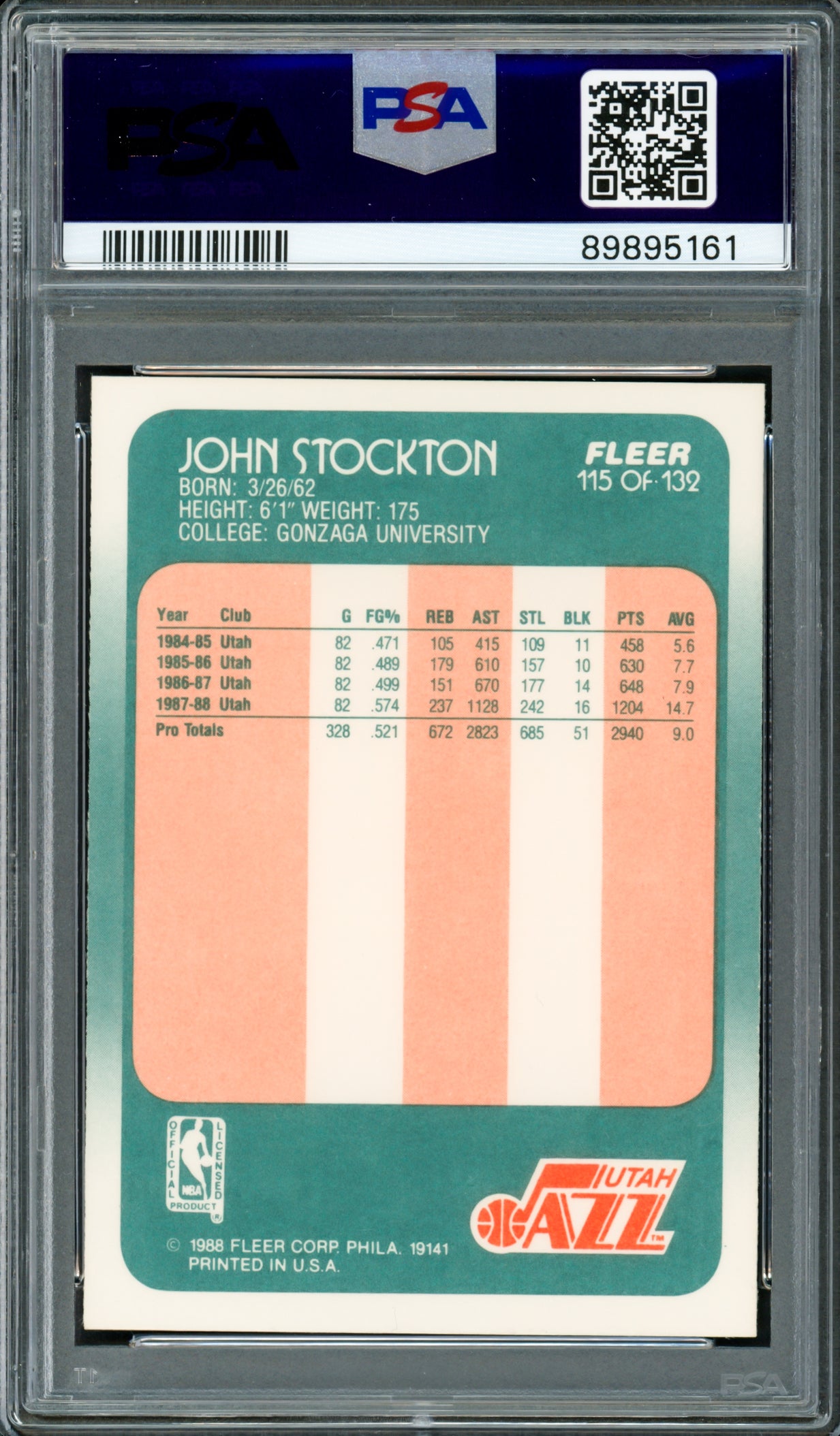 John Stockton Autographed 1988-89 Fleer Rookie Card #115 Utah Jazz PSA 8 Auto Grade Mint 9 PSA/DNA #89895161