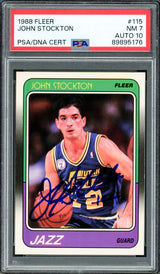 John Stockton Autographed 1988-89 Fleer Rookie Card #115 Utah Jazz PSA 7 Auto Grade Gem Mint 10 PSA/DNA #89895176