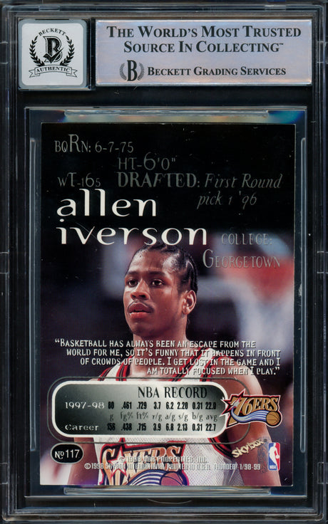 Allen Iverson Autographed 1998-99 Skybox Thunder Card #117 Philadelphia 76ers Auto Grade Gem Mint 10 Beckett BAS Witnessed #16562008