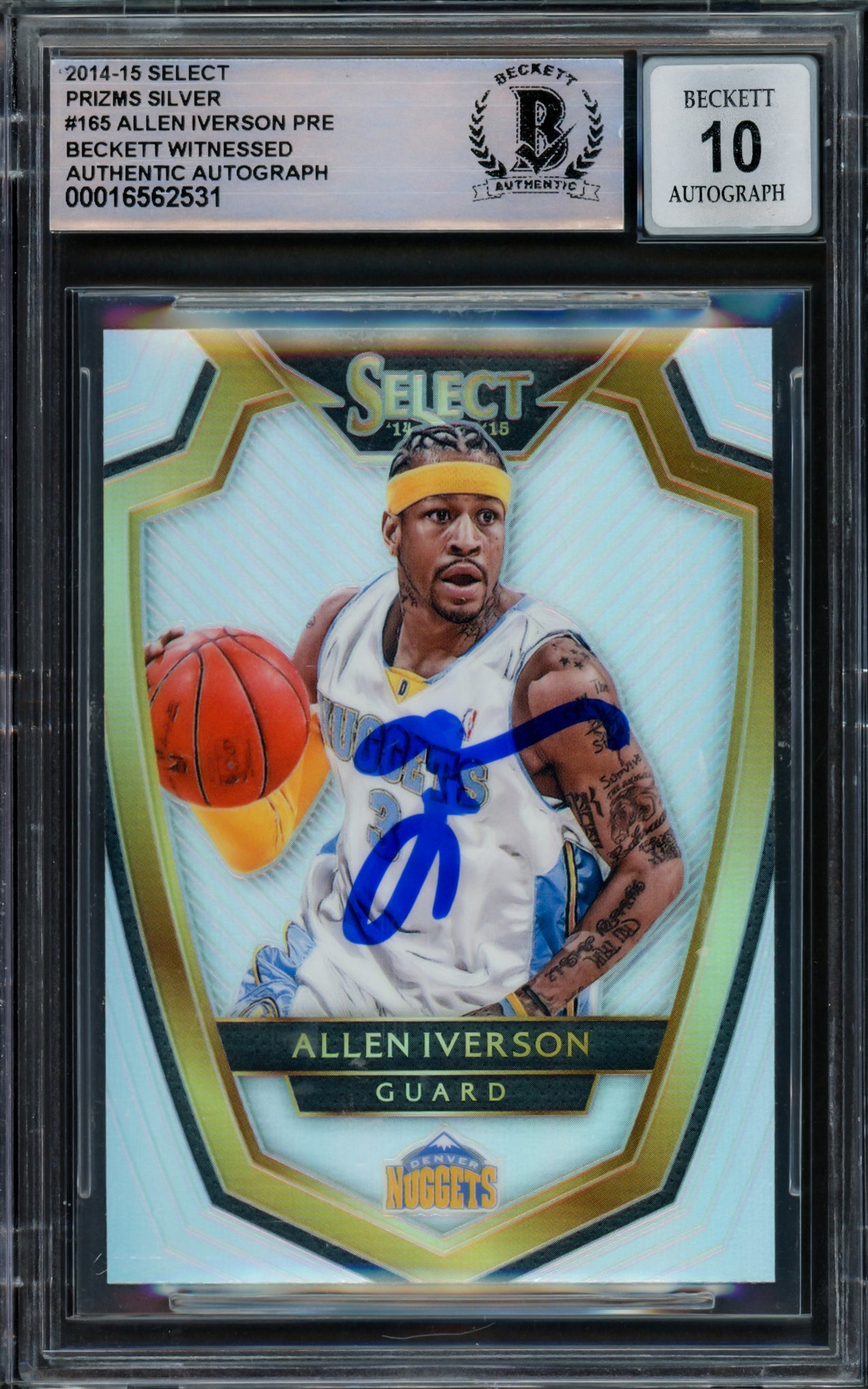 Allen Iverson Autographed 2014-15 Select Prizms Silver Card #165 Denver Nuggets Auto Grade Gem Mint 10 Beckett BAS Witnessed Stock #233511