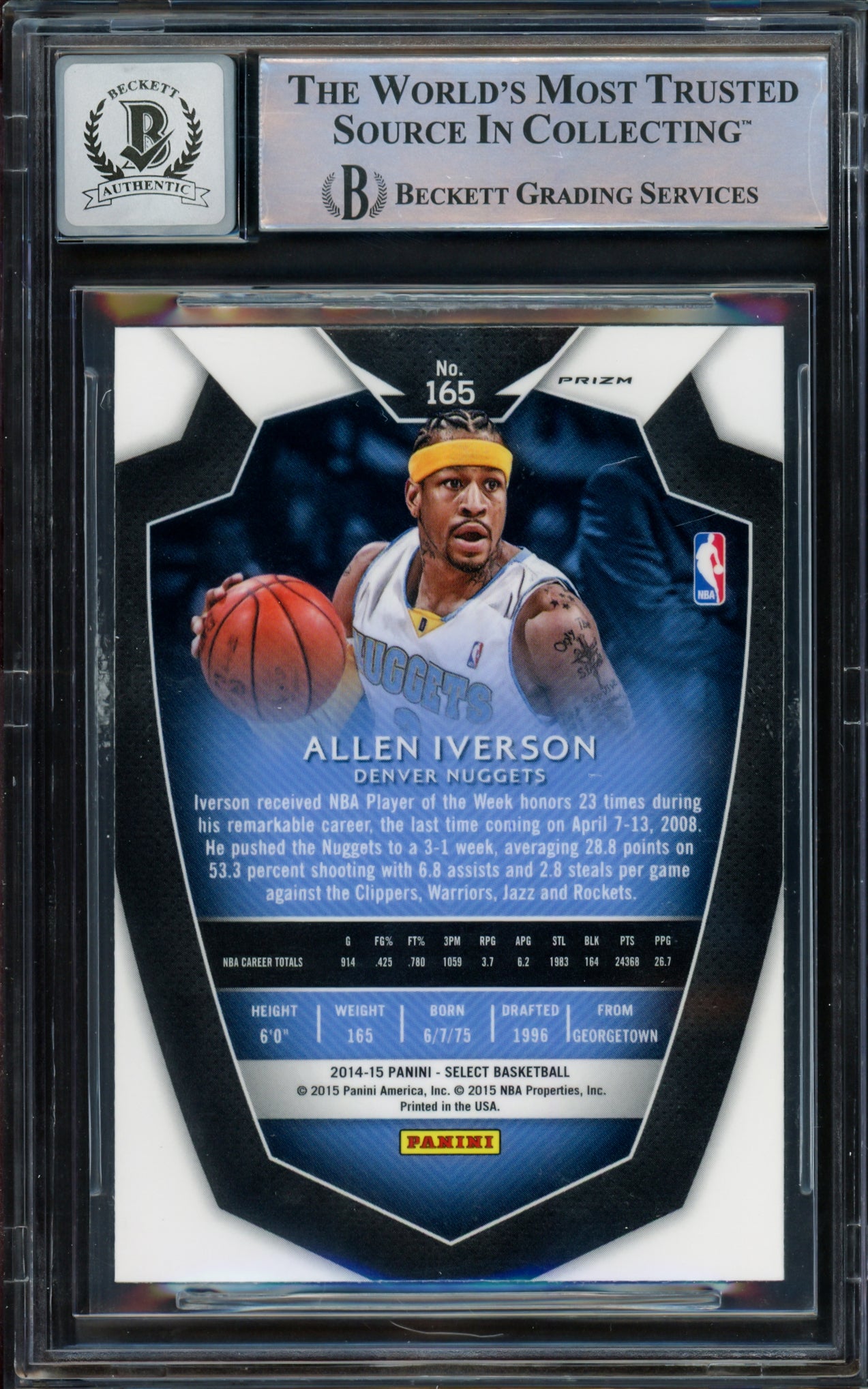 Allen Iverson Autographed 2014-15 Select Prizms Silver Card #165 Denver Nuggets Auto Grade Gem Mint 10 Beckett BAS Witnessed Stock #233511