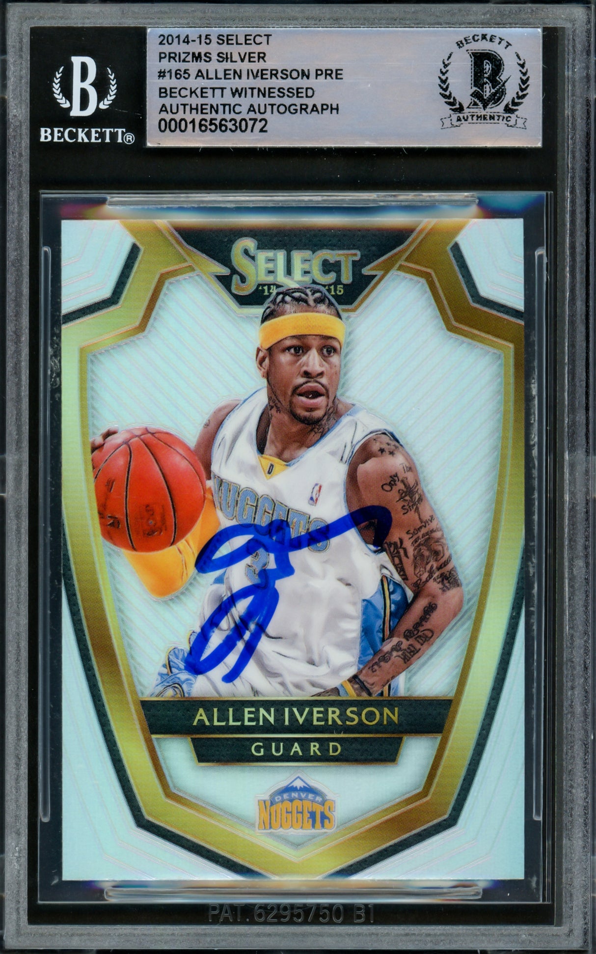 Allen Iverson Autographed 2014-15 Select Prizms Silver Card #165 Denver Nuggets Beckett BAS Witnessed #16563072