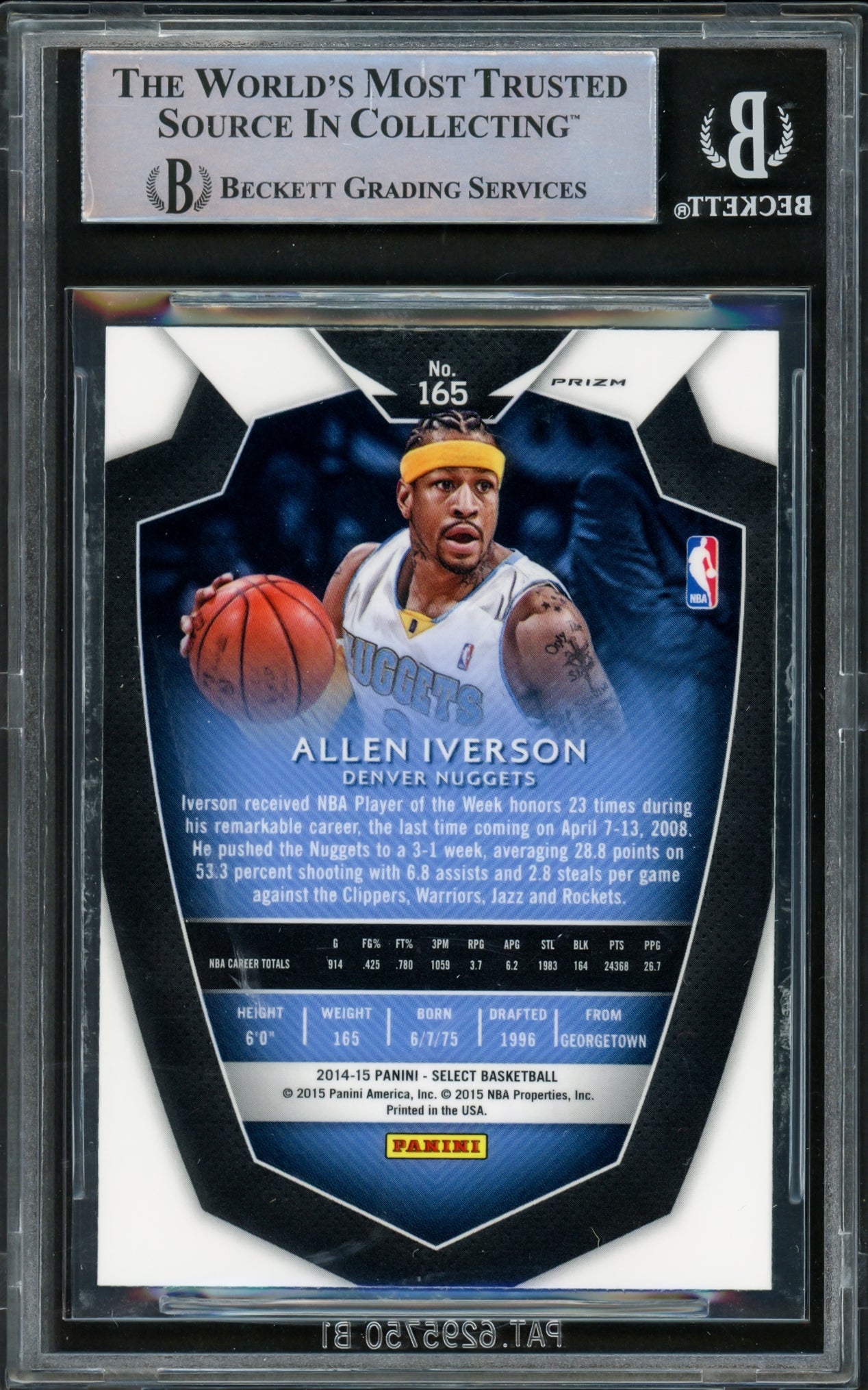 Allen Iverson Autographed 2014-15 Select Prizms Silver Card #165 Denver Nuggets Beckett BAS Witnessed #16563071