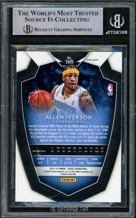 Allen Iverson Autographed 2014-15 Select Prizms Silver Card #165 Denver Nuggets Beckett BAS Witnessed #16563071