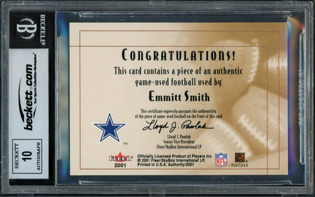 Emmitt Smith Autographed 2001 Fleer Authority Goal Line Gear Card #45 Dallas Cowboys Auto Grade Gem Mint 10 With Game Used Football Relic Beckett BAS #16890916