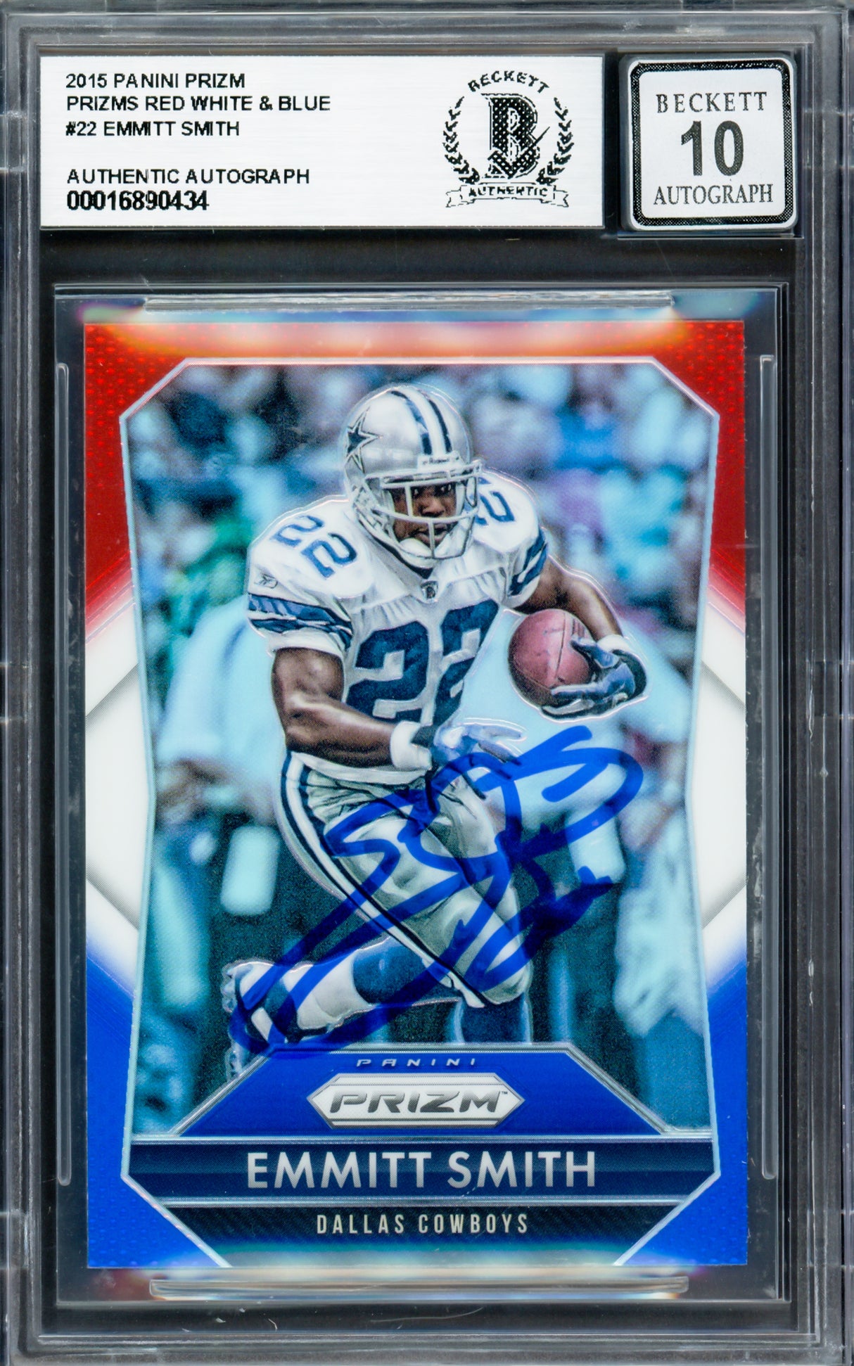 Emmitt Smith Autographed 2015 Panini Prizm Prizms Red White & Blue Card #22 Dallas Cowboys Auto Grade Gem Mint 10 Beckett BAS #16890434