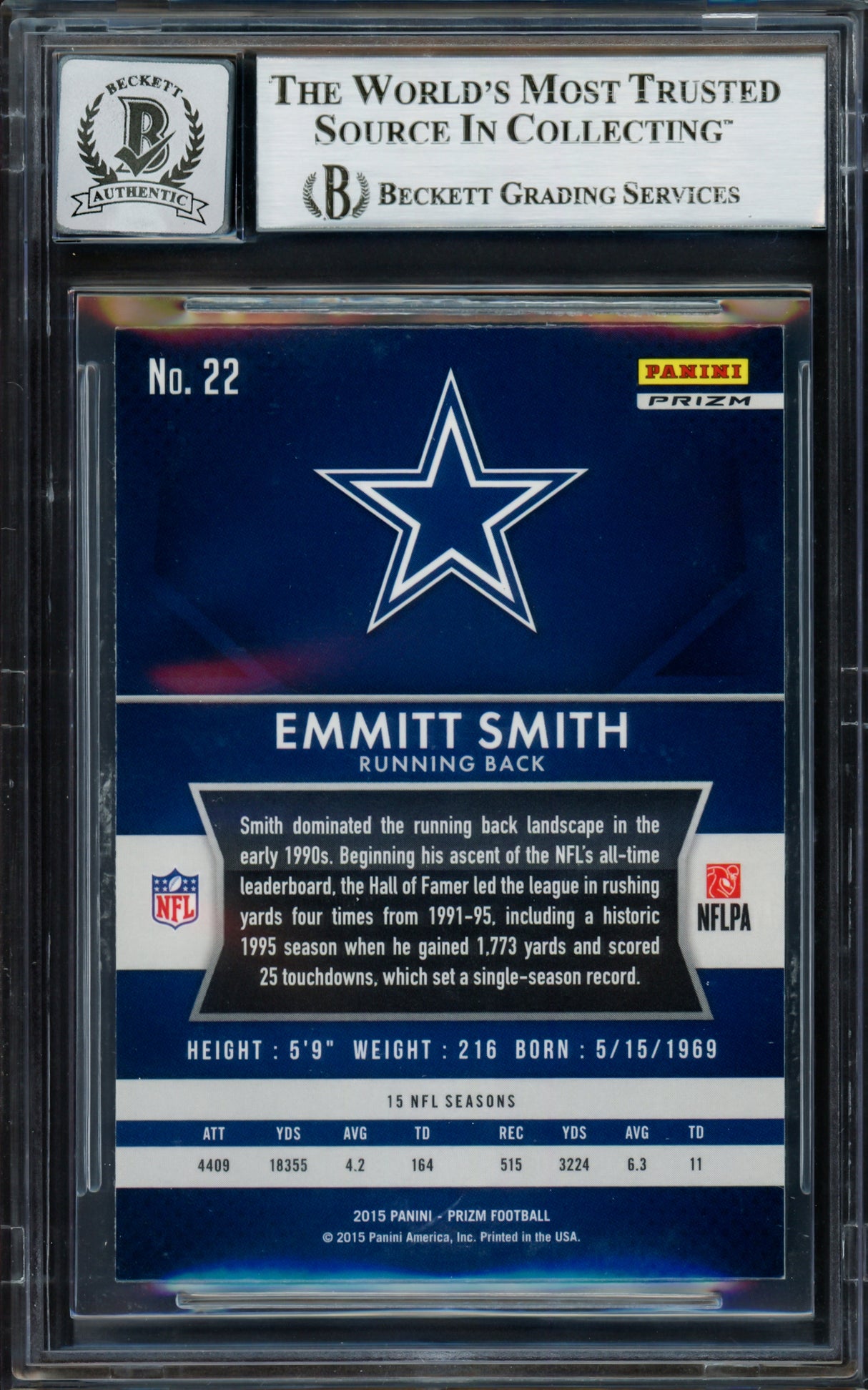 Emmitt Smith Autographed 2015 Panini Prizm Prizms Card #22 Dallas Cowboys Auto Grade Gem Mint 10 Beckett BAS Stock #233573