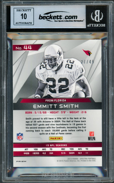 Emmitt Smith Autographed 2015 Panini Spectra Neon Blue Card #44A Arizona Cardinals Auto Grade Gem Mint 10 #27/49 Beckett BAS #16891203