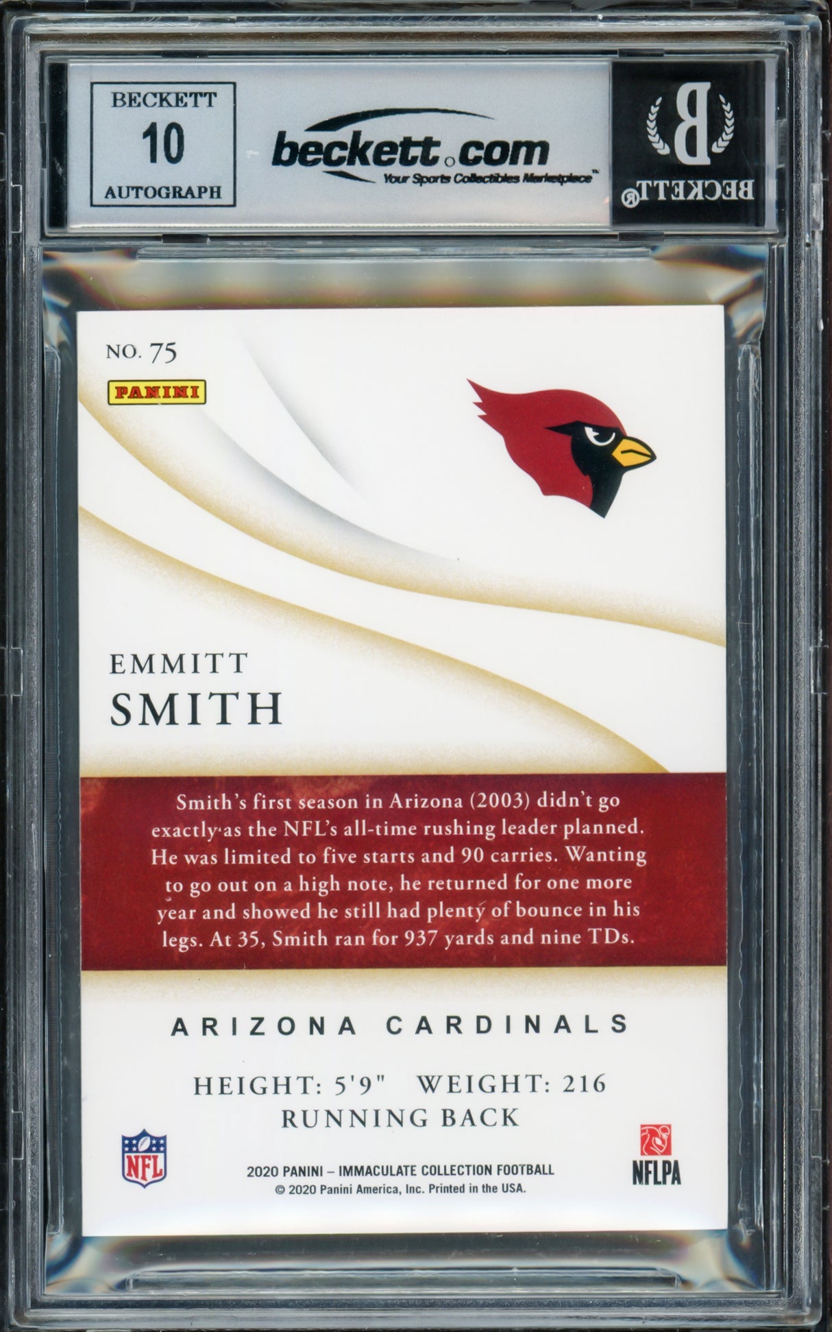 Emmitt Smith Autographed 2020 Immaculate Collection Card #75 Arizona Cardinals Auto Grade Gem Mint 10 #3/60 Beckett BAS #16891374