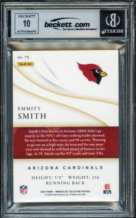 Emmitt Smith Autographed 2020 Immaculate Collection Card #75 Arizona Cardinals Auto Grade Gem Mint 10 #3/60 Beckett BAS #16891374