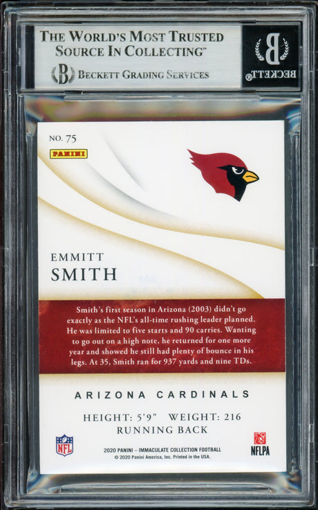 Emmitt Smith Autographed 2020 Immaculate Collection Card #75 Arizona Cardinals #11/60 Beckett BAS #16900950