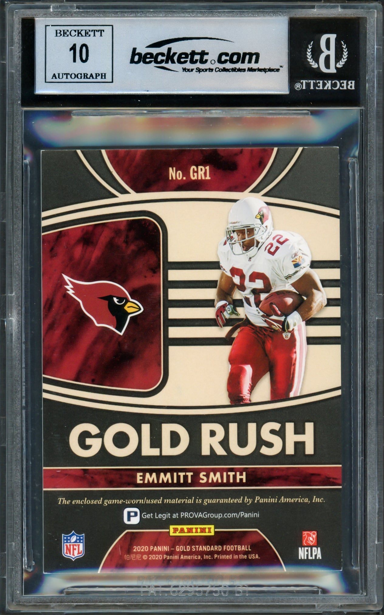 Emmitt Smith Autographed 2020 Panini Gold Standard Gold Rush Materials Card #1 Arizona Cardinals Auto Grade Gem Mint 10 With Game Used Jersey Patch #15/199 Beckett BAS #16891370