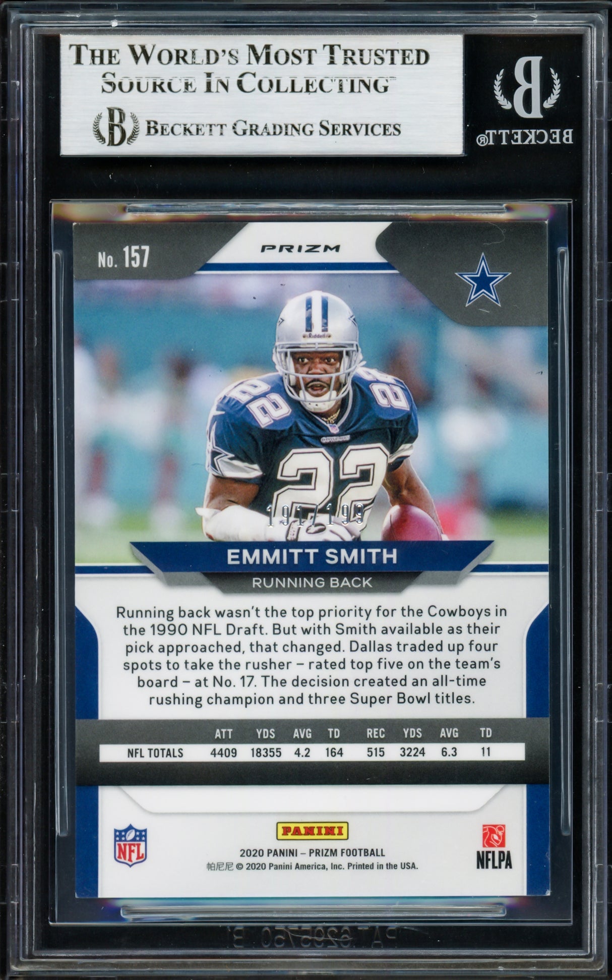 Emmitt Smith Autographed 2020 Panini Prizm Prizms Blue Wave Card #157 Dallas Cowboys #191/199 Beckett BAS #16901219