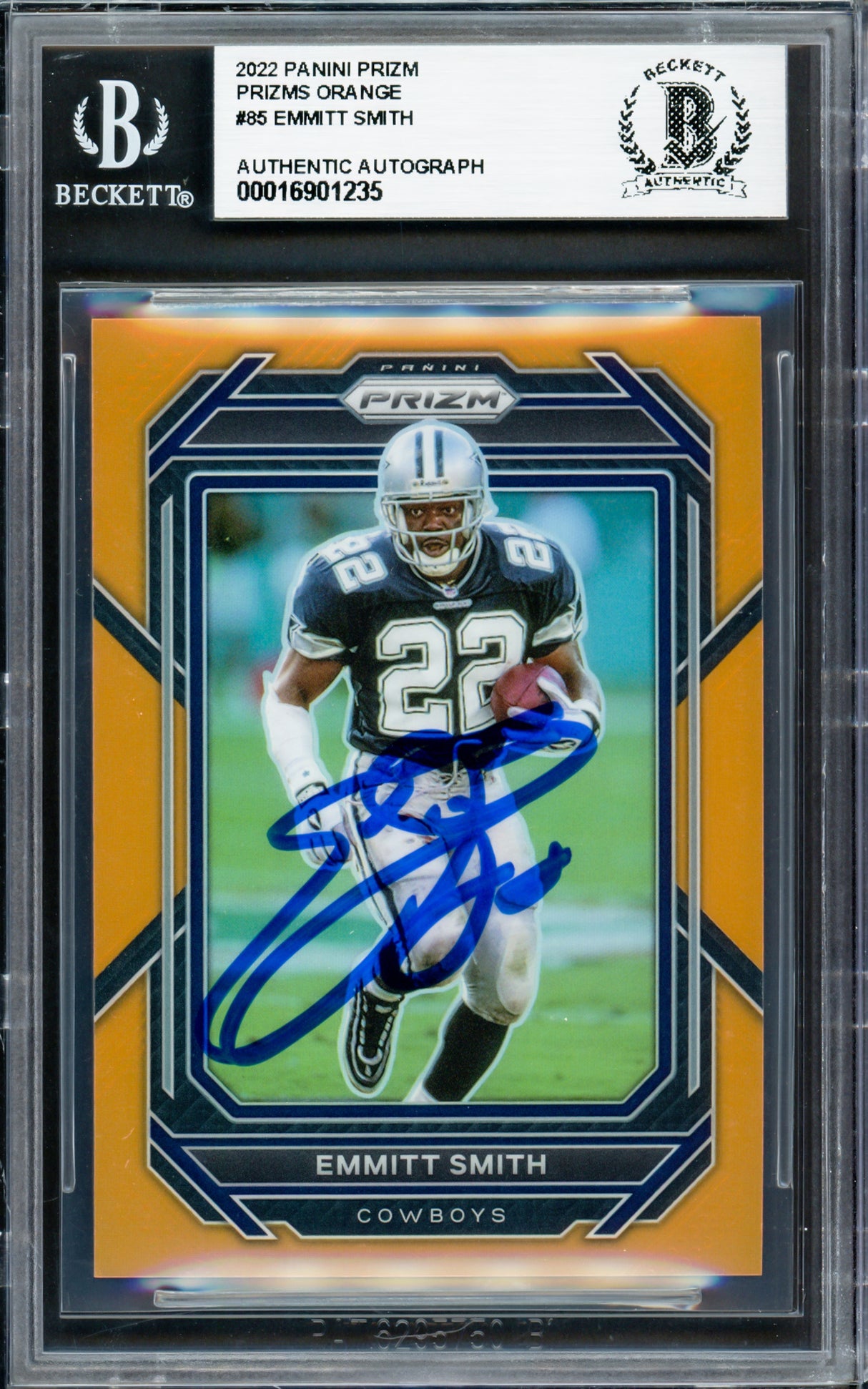 Emmitt Smith Autographed 2022 Panini Prizm Prizms Orange Card #85 Dallas Cowboys #43/249 Beckett BAS #16901235