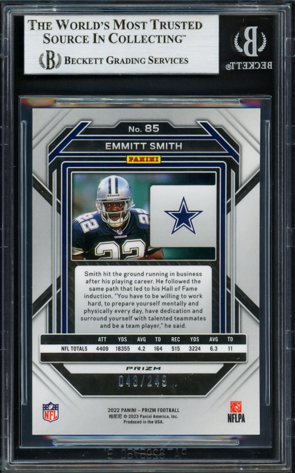 Emmitt Smith Autographed 2022 Panini Prizm Prizms Orange Card #85 Dallas Cowboys #43/249 Beckett BAS #16901235