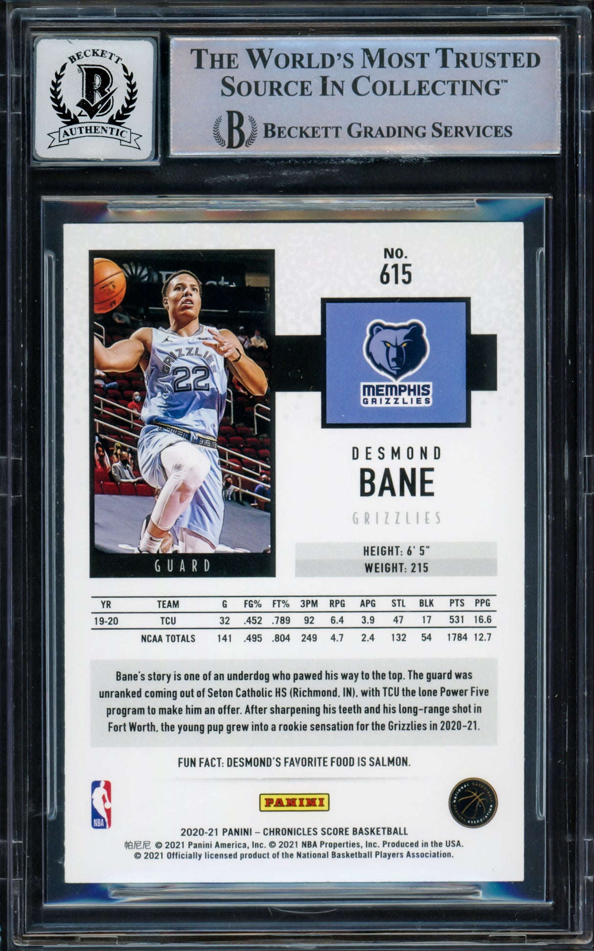 Desmond Bane Autographed 2020-21 Panini Chronicles Score Rookie Card #615 Memphis Grizzlies Auto Grade Gem Mint 10 Beckett BAS Witnessed #16626271