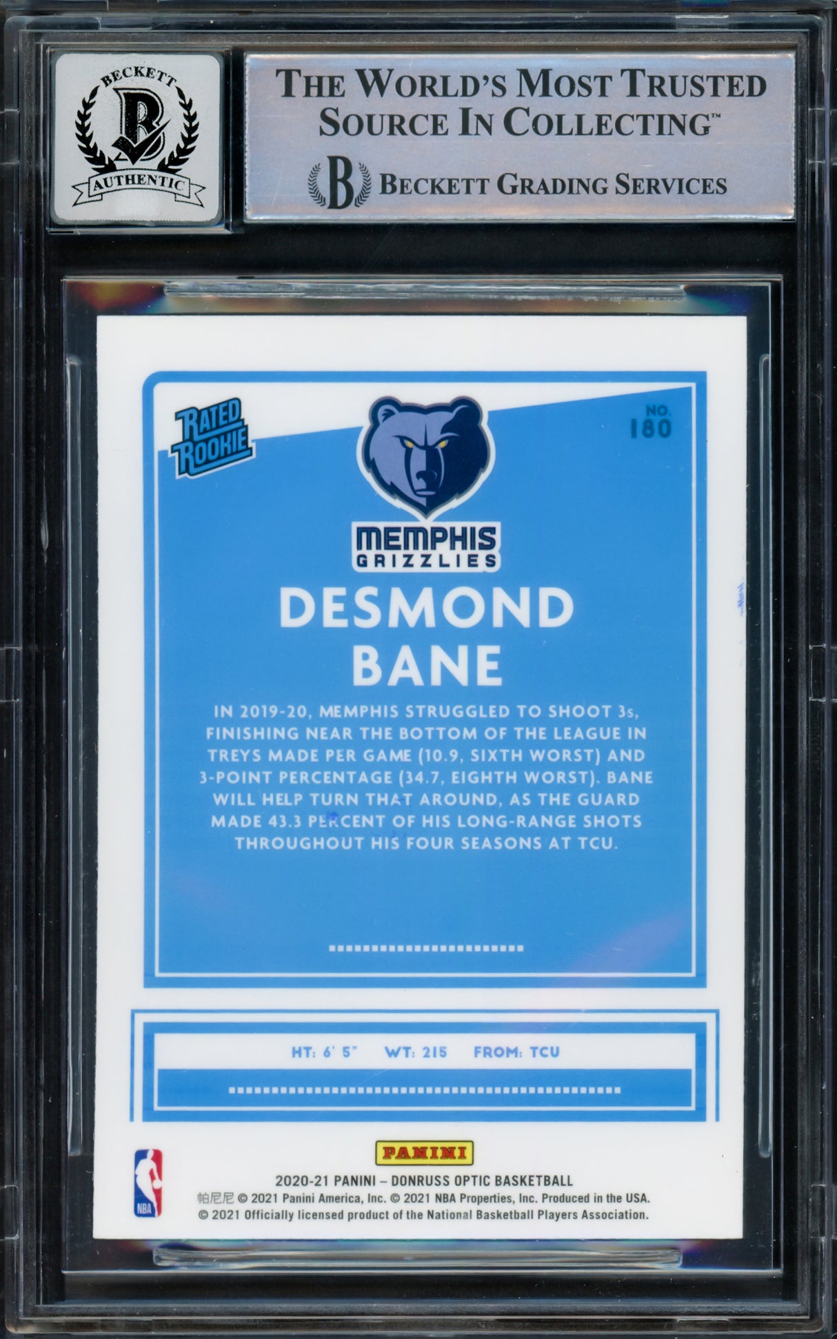 Desmond Bane Autographed 2020-21 Donruss Optic Rookie Card #180 Memphis Grizzlies Auto Grade Gem Mint 10 Beckett BAS Witnessed Stock #233615