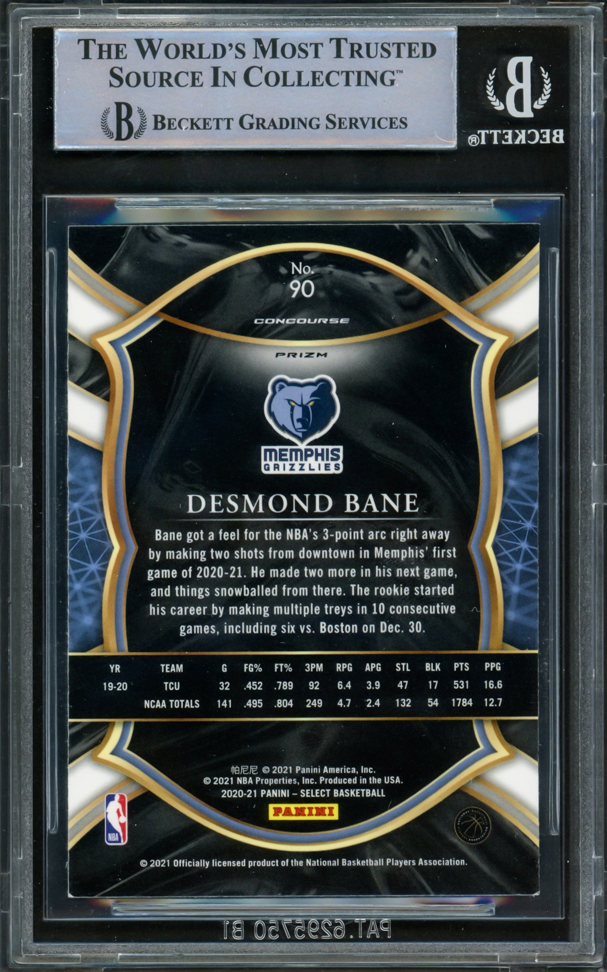 Desmond Bane Autographed 2020-21 Panini Select Prizms Silver Rookie Card #90 Memphis Grizzlies Beckett BAS Witnessed #16626951