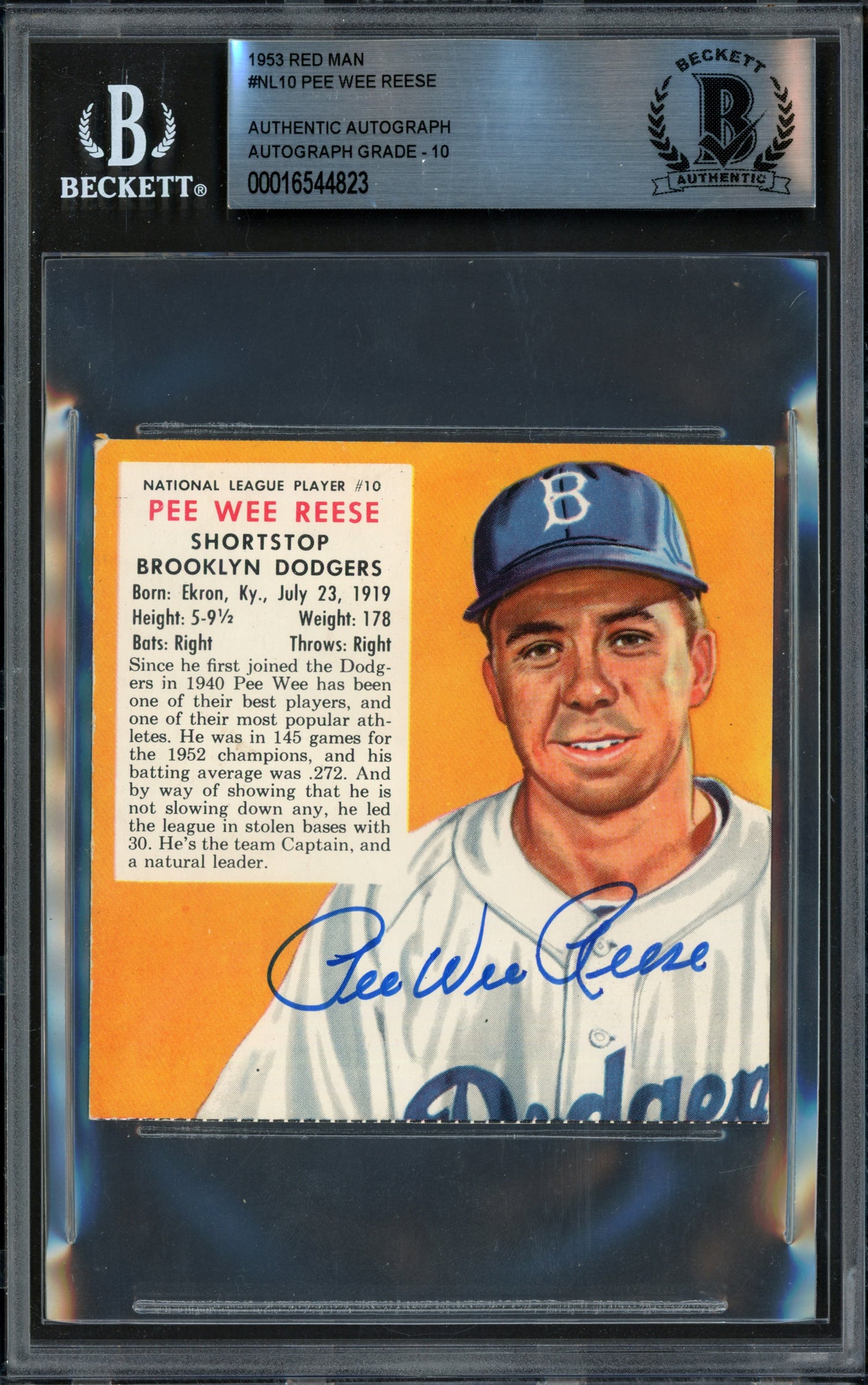 Pee Wee Reese Autographed 1953 Red Man Card #NL10 Brooklyn Dodgers Auto Grade Gem Mint 10 Beckett BAS #16544823