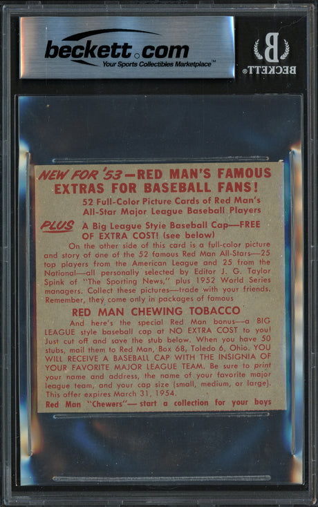 Pee Wee Reese Autographed 1953 Red Man Card #NL10 Brooklyn Dodgers Auto Grade Gem Mint 10 Beckett BAS #16544823