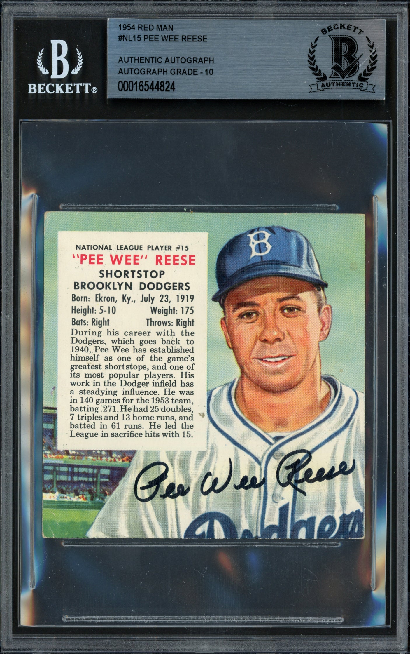 Pee Wee Reese Autographed 1954 Red Man Card #NL15 Brooklyn Dodgers Auto Grade Gem Mint 10 Beckett BAS #16544824