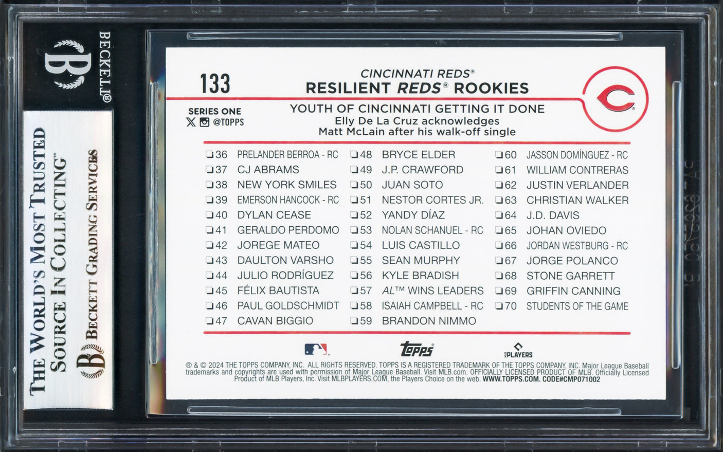 Elly De La Cruz Autographed 2024 Topps Rookie Card #133 Cincinnati Reds Beckett BAS Stock #233946