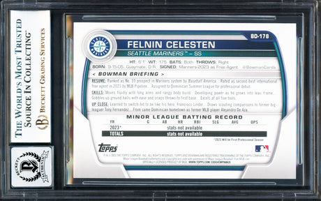 Felnin Celesten Autographed 2023 Bowman Draft Rookie Card #BD178 Seattle Mariners Auto Grade Gem Mint 10 Beckett BAS Stock #233953