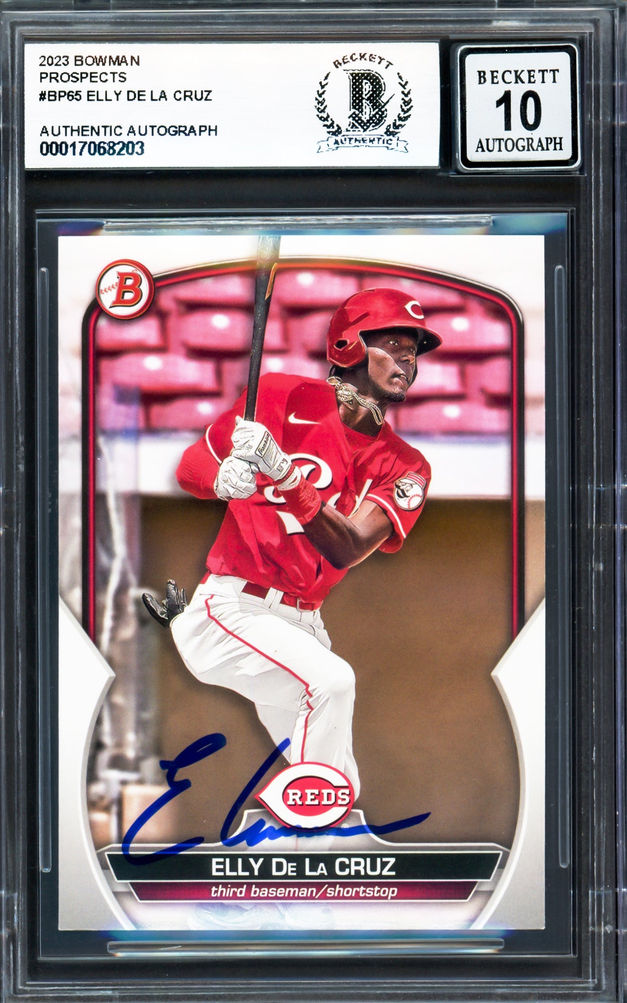 Elly De La Cruz Autographed 2023 Bowman Prospects Rookie Card #BP65 Cincinnati Reds Auto Grade Gem Mint 10 Beckett BAS Stock #233955