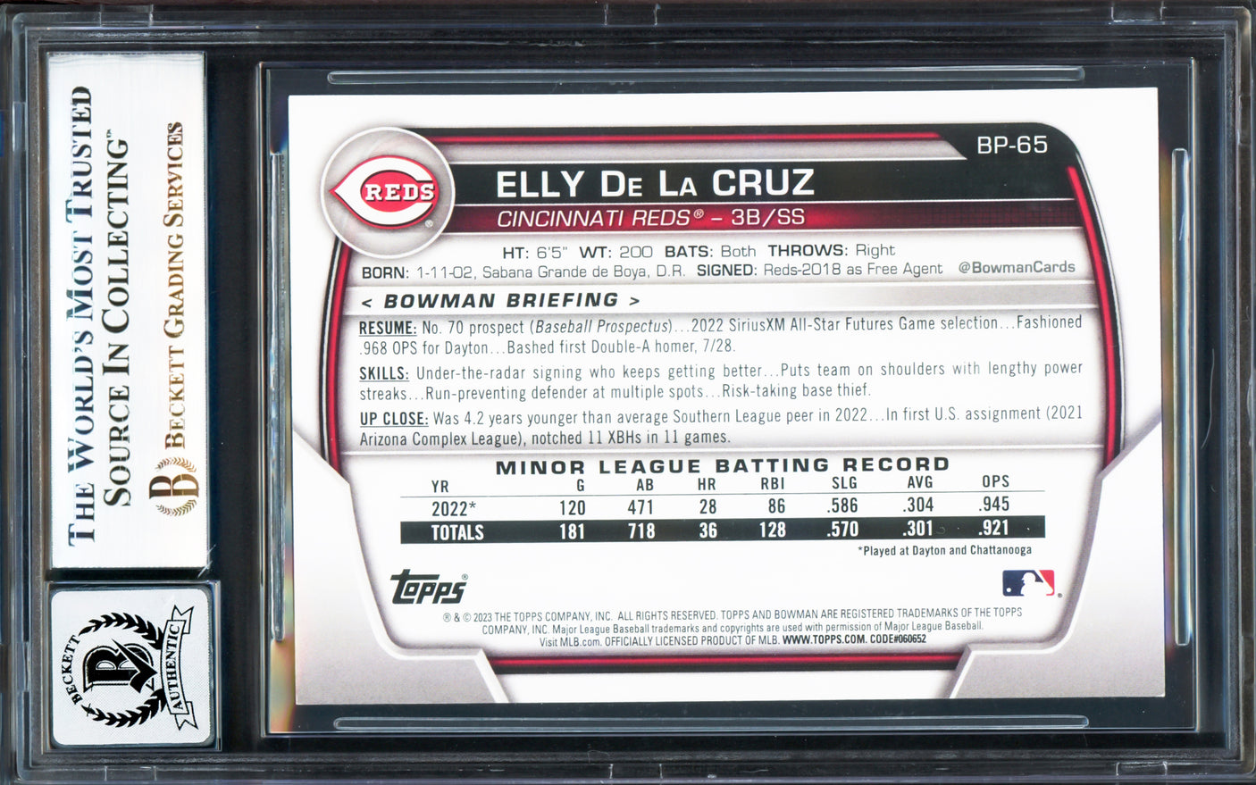 Elly De La Cruz Autographed 2023 Bowman Prospects Rookie Card #BP65 Cincinnati Reds Auto Grade Gem Mint 10 Beckett BAS Stock #233955