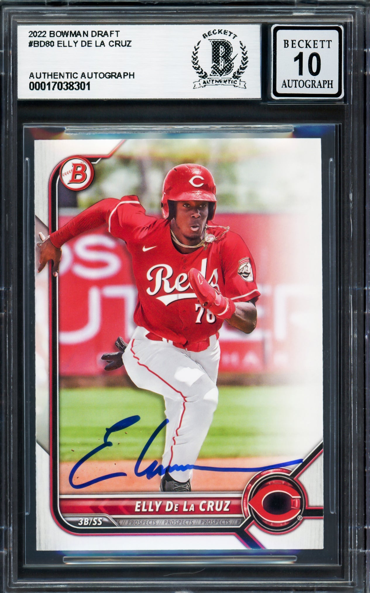 Elly De La Cruz Autographed 2022 Bowman Draft Rookie Card #BD80 Cincinnati Reds Auto Grade Gem Mint 10 Beckett BAS Stock #233959