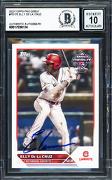 Elly De La Cruz Autographed 2023 Topps Pro Debut Rookie Card #PD170 Cincinnati Reds Auto Grade Gem Mint 10 Beckett BAS Stock #233963