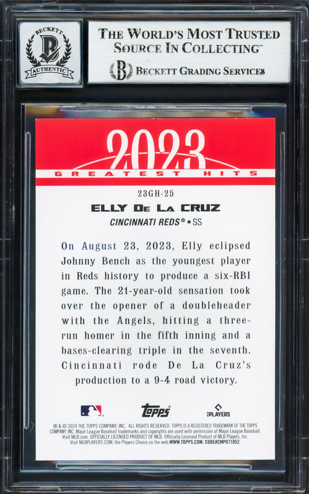 Elly De La Cruz Autographed 2024 Topps 2023 Greatest Hits Rookie Card #23GH-25 Cincinnati Reds Auto Grade Gem Mint 10 Beckett BAS Stock #233967