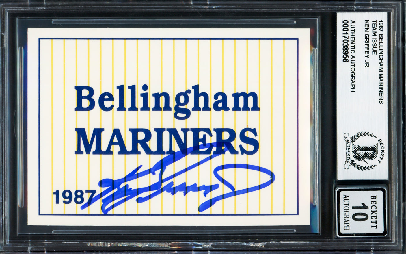 Ken Griffey Jr. Autographed 1987 International Header Rookie Card Bellingham Mariners Auto Grade Gem Mint 10 Beckett BAS Stock #233971