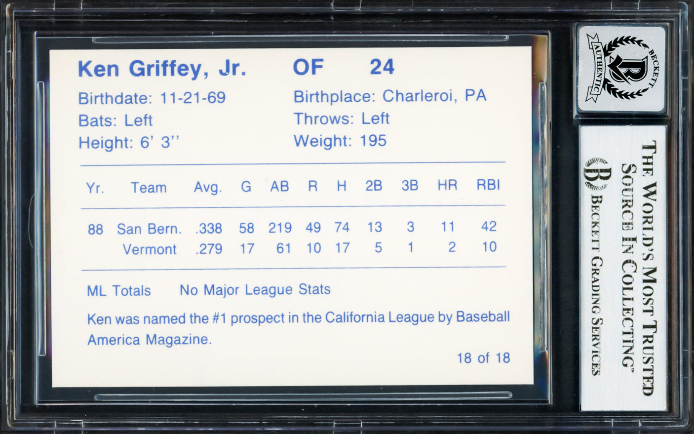 Ken Griffey Jr. Autographed 1989 Broder Cactus League All Stars Rookie Card #18 Seattle Mariners Auto Grade Gem Mint 10 Beckett BAS Stock #233974