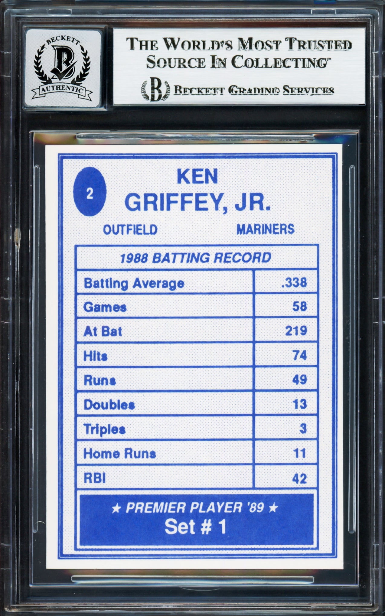 Ken Griffey Jr. Autographed 1989 Premier Player Rookie Card #2 Seattle Mariners Auto Grade Gem Mint 10 Beckett BAS Stock #233976